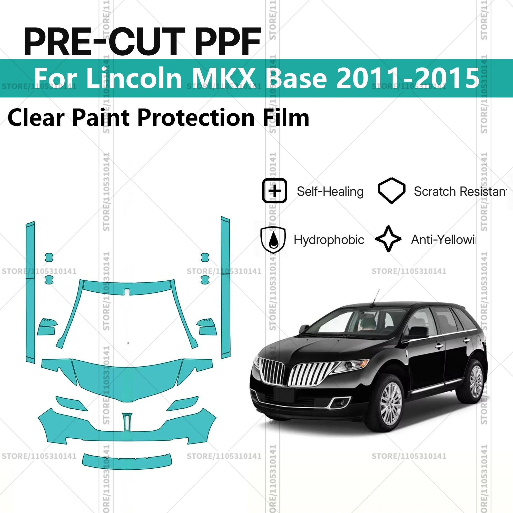 

Для Lincoln MKX Base 2011-2015: Предварительно вырезанная прозрачная защитная пленка (PPF) для автомобиля, комплект для передней части и порогов.