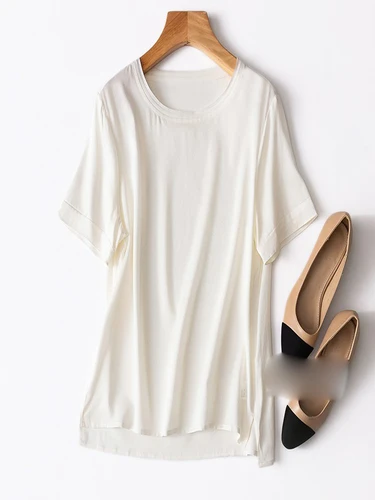 Imagen 2 del producto Birdtree, camiseta de mujer de 19MM 92% seda, Top informal de satén de Color sólido de verano, camisetas básicas de manga corta con cuello redondo T37701QD