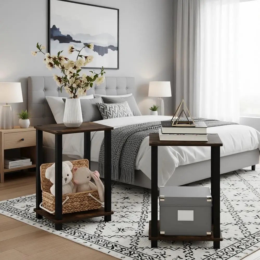 

Pair of Amber Pine and Black Finish Simple End Tables