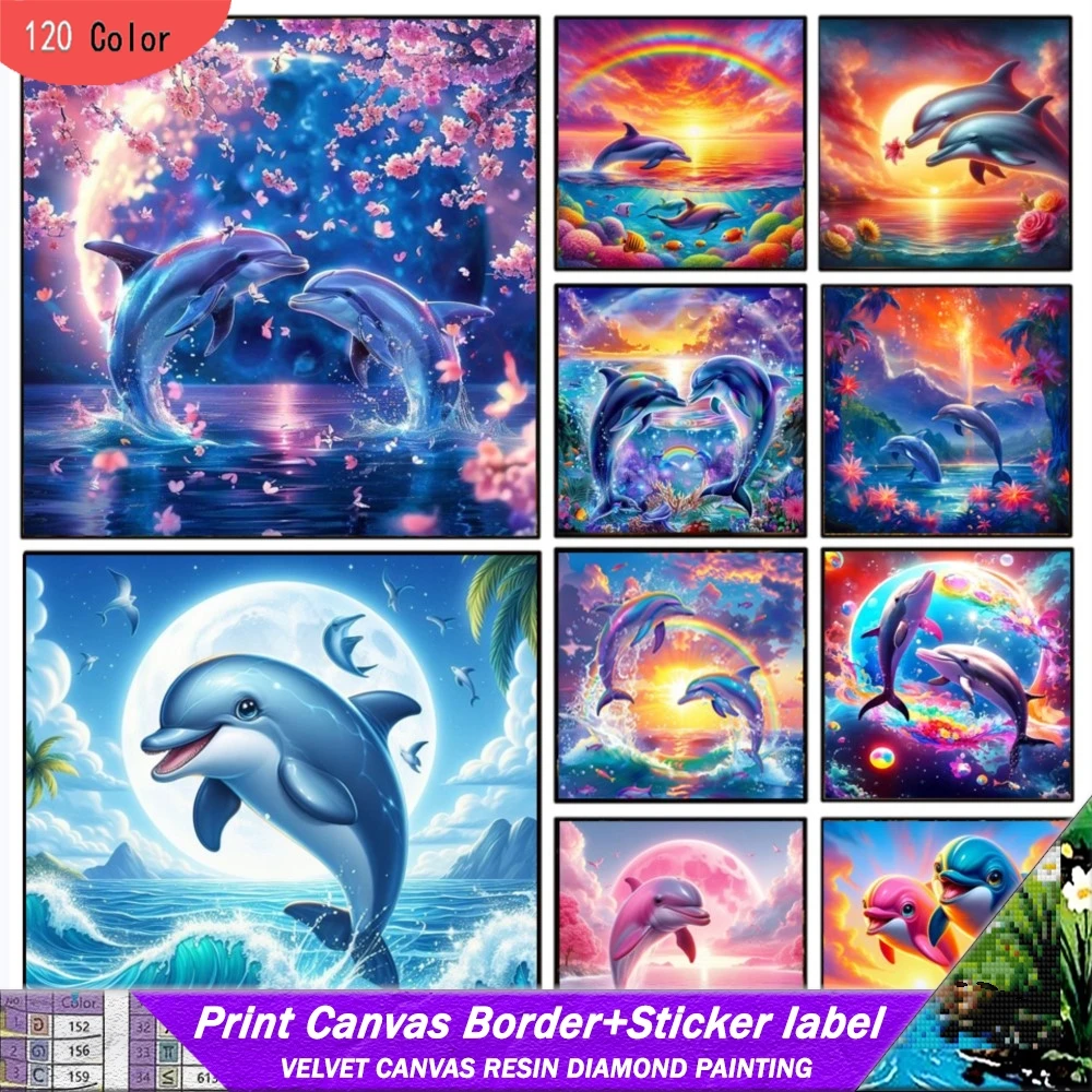 

5d Diy 120 Colors Resin Diamond Painting With Sticker Animal Dolphin Jewelry Kit Full Mosaic Landscape Home Decor Pictures