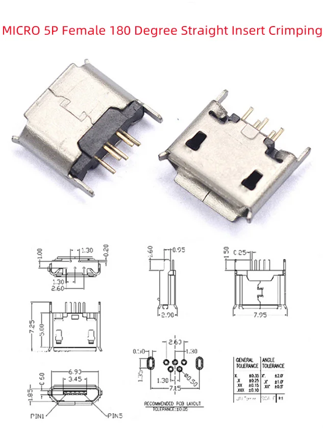 5PCS USB 여성 인터페이스 마이크로 커넥터 소켓 커넥터 5P 180도 스트레이트 인서트 크림프
