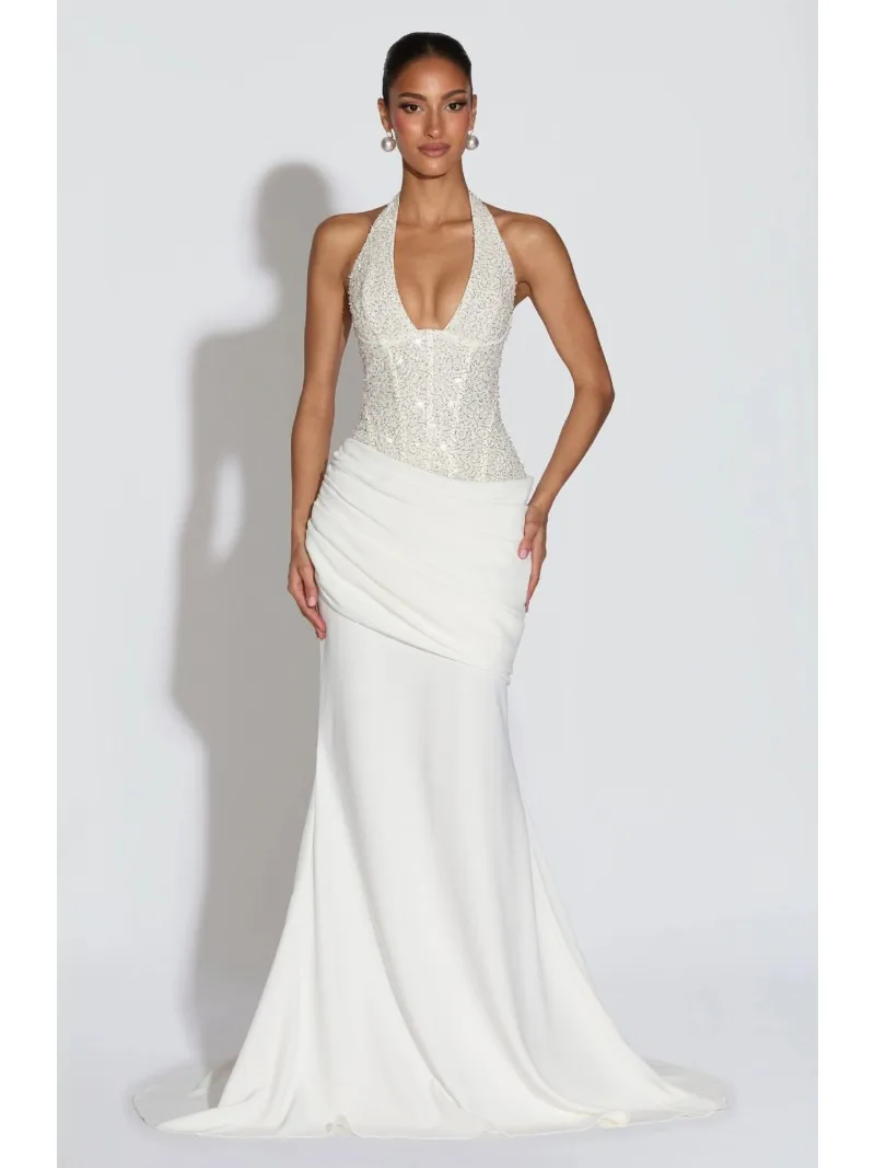 

Sequin Patchwork Halter Maxi Dress Luxury Sleeveles Off-shoulder Cinched-waist Pleated Lady Dresses Fashion Christmas Party Gown