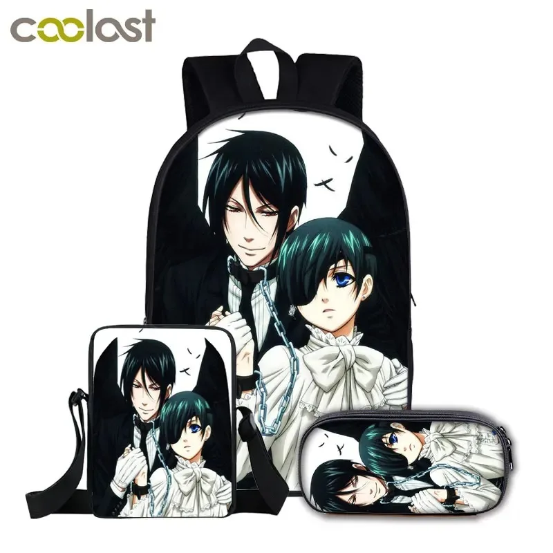 3D Print School Bags for Laptop, Harajuku, Japan, Black Butler, Backpack, Backpack, Tilt Shoulder Bag, Pencil Case, 3 Pieces per