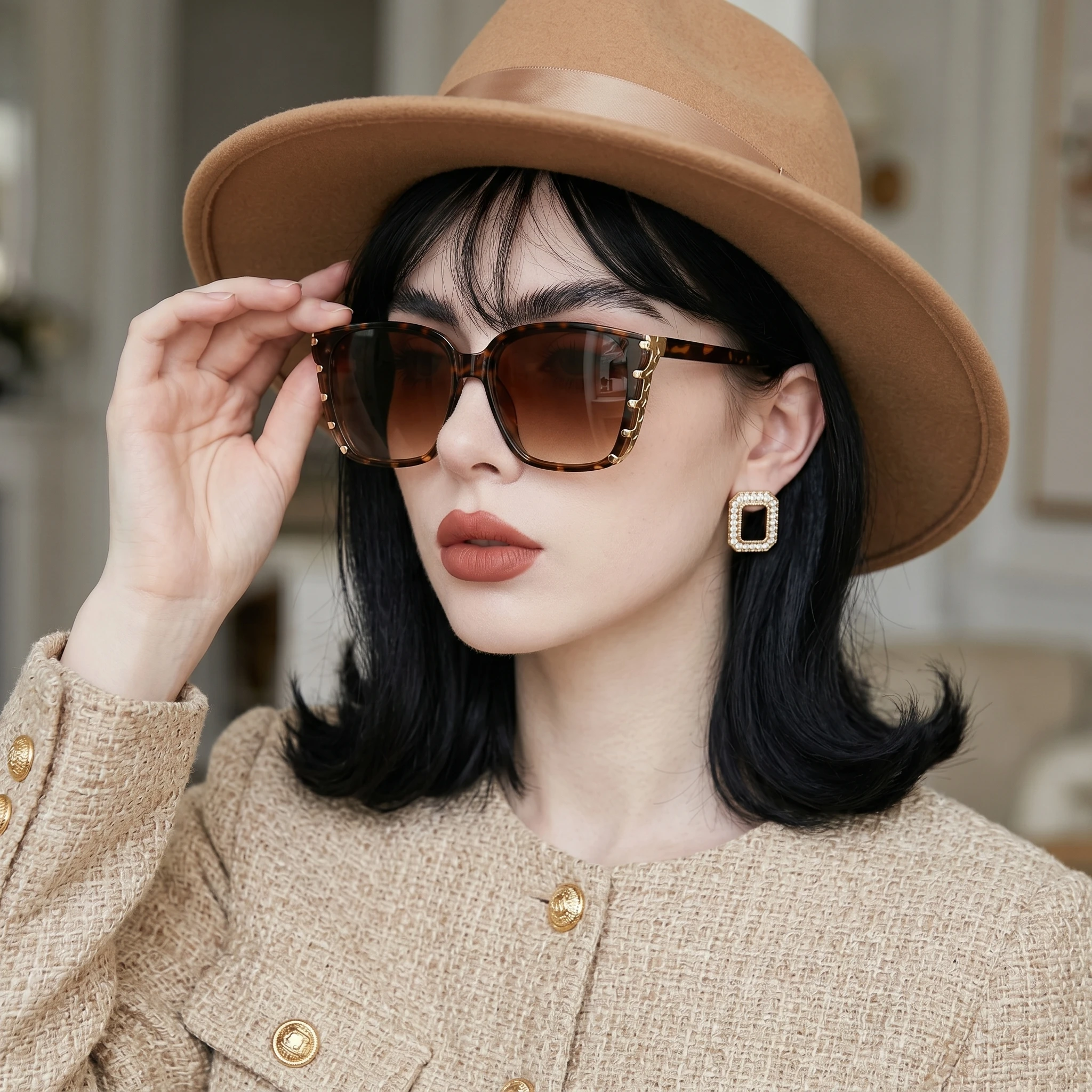 Luxuriöse Cat-Eye-Sonnenbrille für Damen mit Großem Rahmen, Retro-Goldketten-Detail und Modischem Schirm
