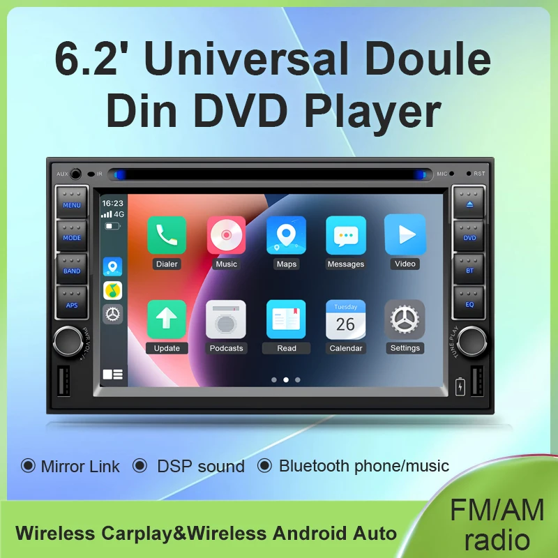 SEMAITU 6.2 Inch Double Din Car Stereo Dashboard-mounted for Bluetooth Car Radio with Touch Screen Apple CarPlay Auto FM/DSP