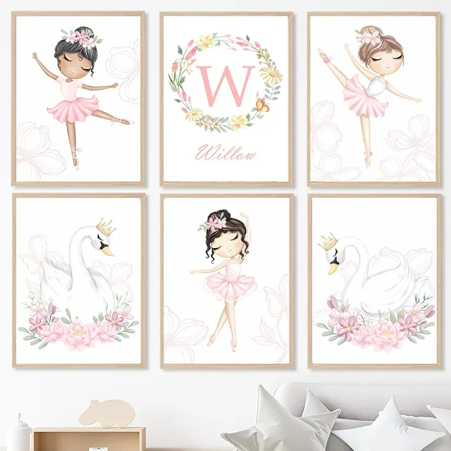 Watercolor Ballet Girl, Swan, Crown, Flower, Custom Name Wall Art, Picture, Canvas Painting, Room, Nursery Decor