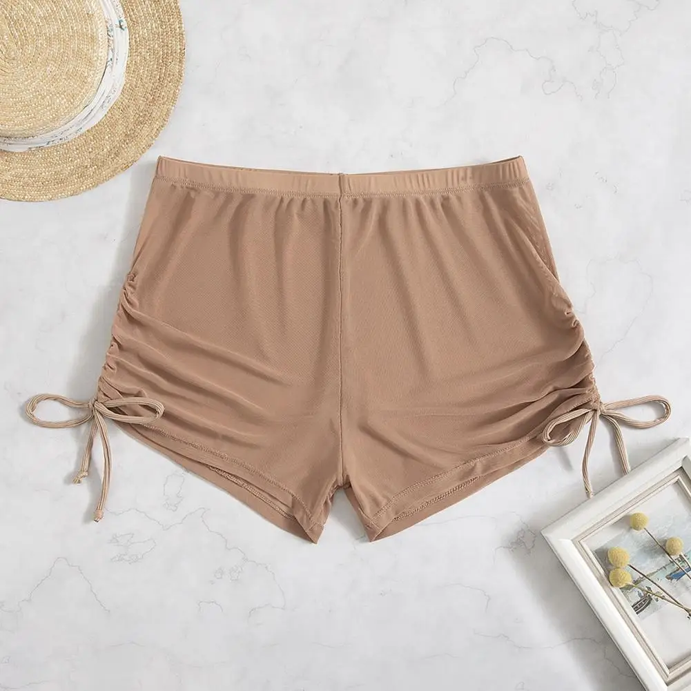 2025 Side Drawstring High Waist Elastic Waistband Swimming Trunks Women See-through Bikini Shorts Beachwear