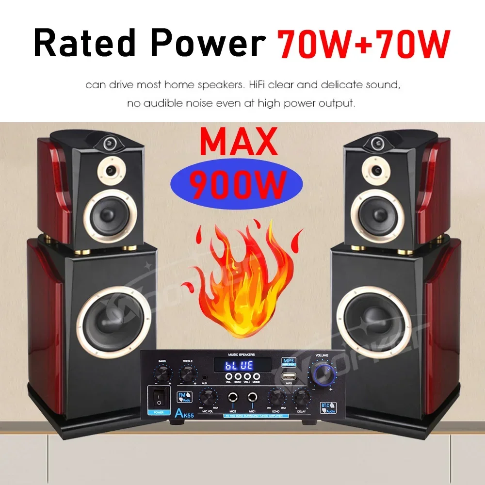 Woopker Amplifier AK55 900W Max 2.0 Channel Rated 70W+70W Bluetooth Audio Hifi AMP Karaoke Music Player Support 110V 220V 12V