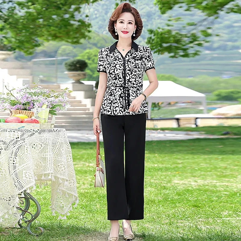 

Middle Women Summer Outfit Short Sleeved Set With Stylish Print Summer Middle-aged Elderly Women Slimming Top Two-piece set 2025