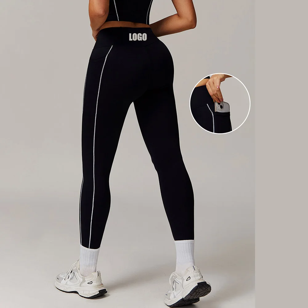 

Custom LOGO women's contrasting colors high waist nude pocket yoga pants running fitness trousers wearing tight sweatpants