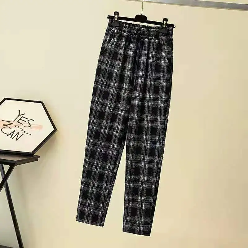 Autumn and Winter Women's Plaid Mid Waist Elastic Drawstring Loose Fit Straight Barrel Long Harun Fashion Elegant Casual Pants