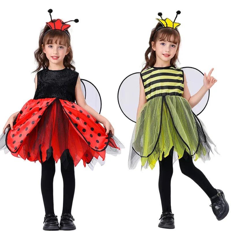 

Children Girl Halloween Bee Costume Cute Kids Stage Performance Party Wear Ladybug Role Play Dress