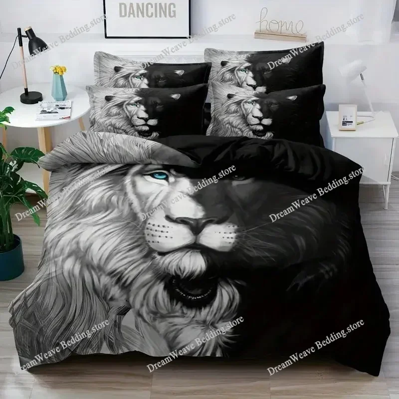 Lion Duvet Cover Set Safari Bedding Set Wildlife Hunting Polyester Double Queen King Size Quilt Cover for Kids Teens 3D Print519