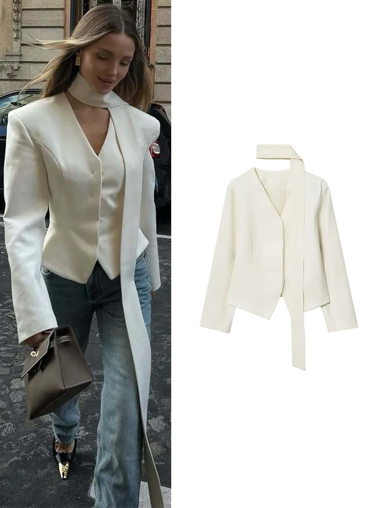 

Women Suit Jacket With Long Scarf Blazer Sexy V Neck Full Sleeves Button Up Slimming Coat Office Lady Simple Commuting Jacket