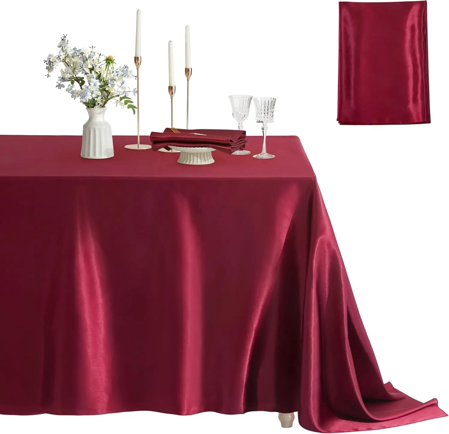 ผ้าปูโต๊ะสี่เหลี่ยมผืนผ้าซาตินตารางผ้า Bright Smooth Dark สีแดงสีทึบตารางอุปกรณ์จัดงานแต่งงานตาราง Decors
