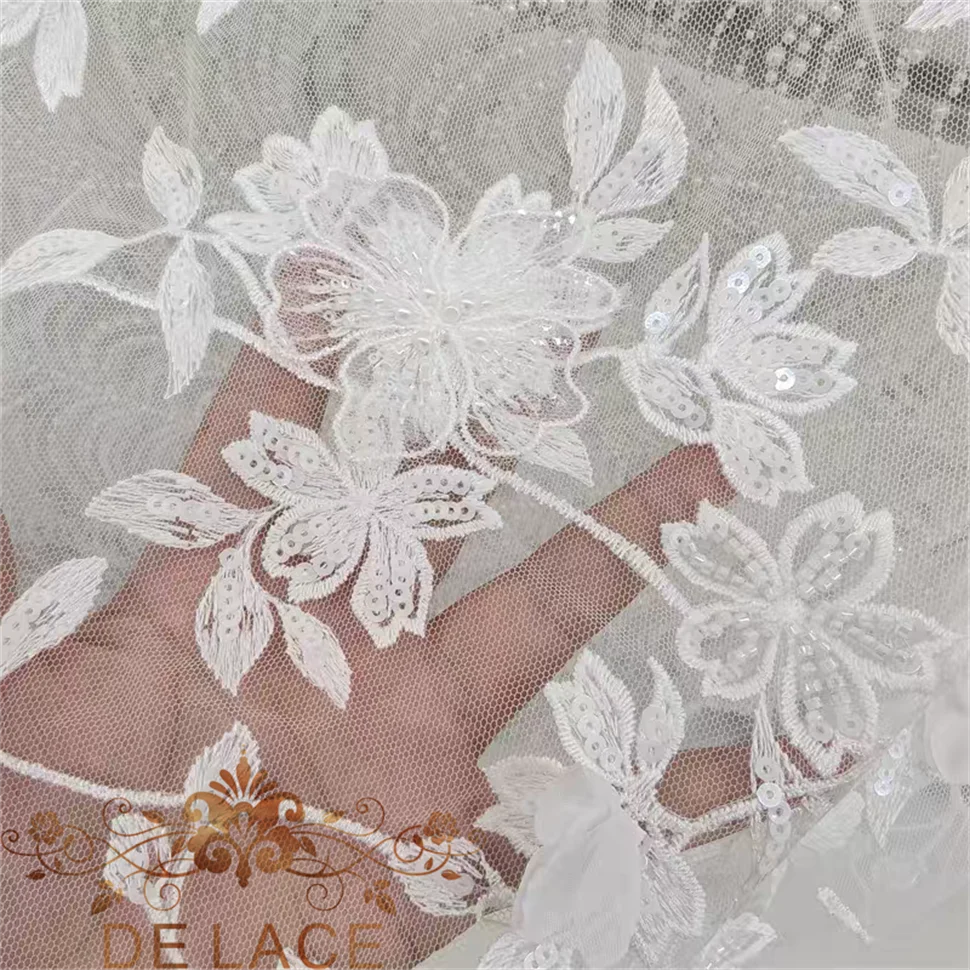 JZQ Luxury French Bridal Tulle Sequin Wedding Lace Fabric 3D Flower Embroidered Mesh Wedding Dress Beaded Lace