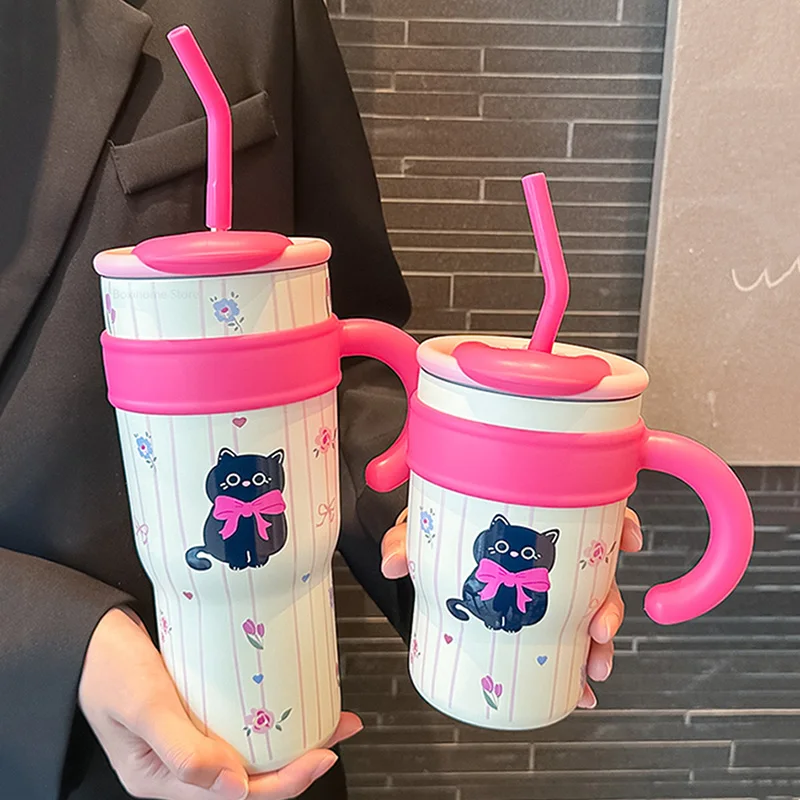 700/1200ml Cute Thermos Water Bottle Large Capacity Straw Tumbler 316 Stainless Steel Insulated Cup Ice Cream Office Coffee Cup