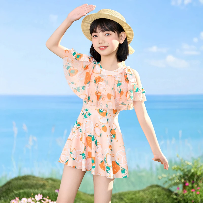 

Купальник с воланом для девочек, детский купальный костюм 2022, базовый купальный костюм из двух предметов, платье горячей весны, пляжная одежда