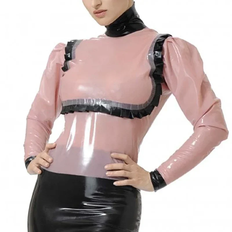 

Red With Black Sexy Latex Blouse Zipper At Back Puff Sleeves handmade design Rubber Shirt Top cosplay