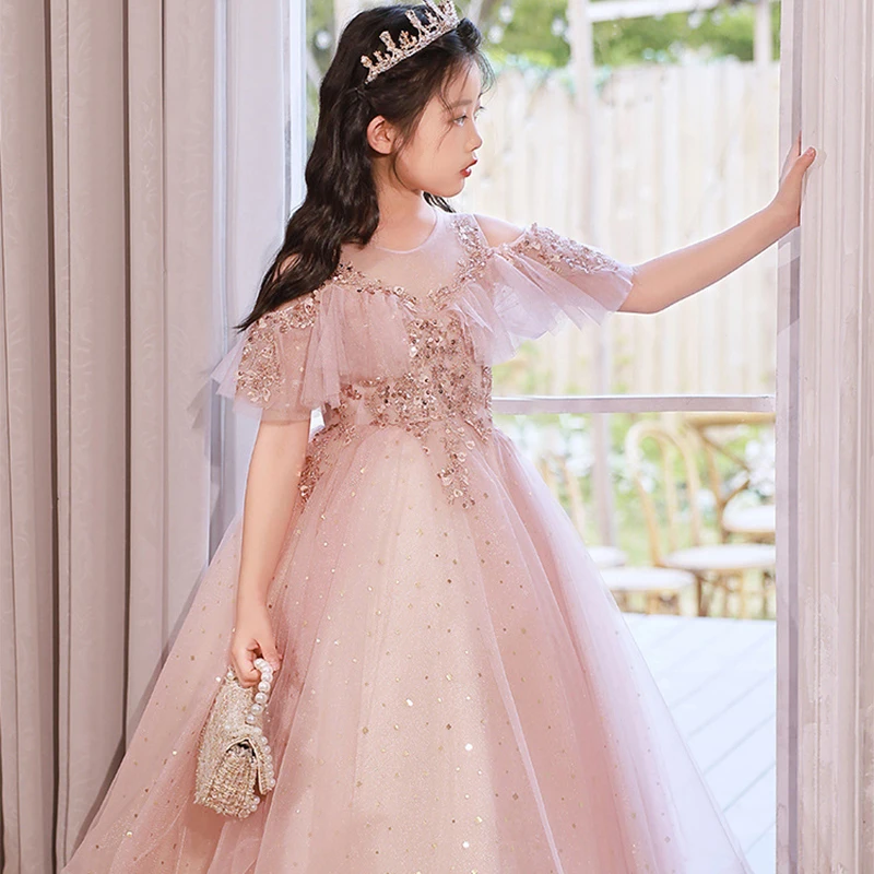 Paillettes rugiada spalla bambini abiti per la festa abito da sposa bambini abito da spettacolo bambino Tulle principessa vestito per ragazze