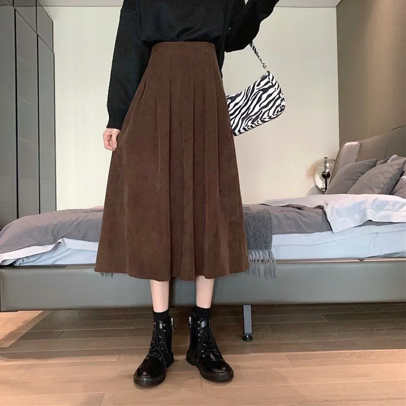 Lucyever saias midi de veludo feminino vintage marrom preto cintura alta saias longas femininas 2022 outono moda coreana saia linha a