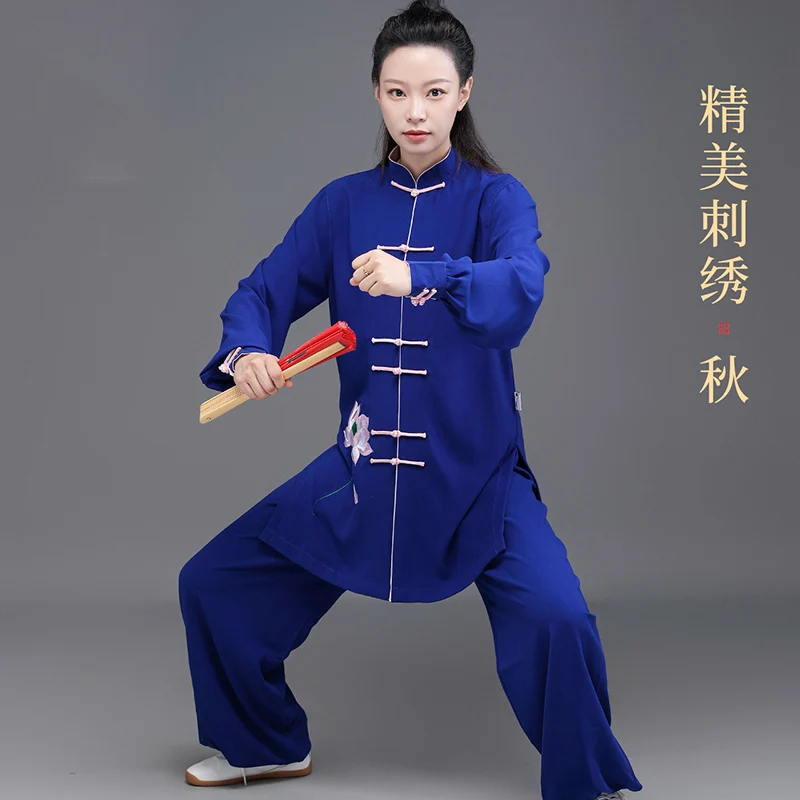 Women's Royal Blue Embroidery Tai Chi Uniform - Moonlight Linen Martial Arts Performance Clothing