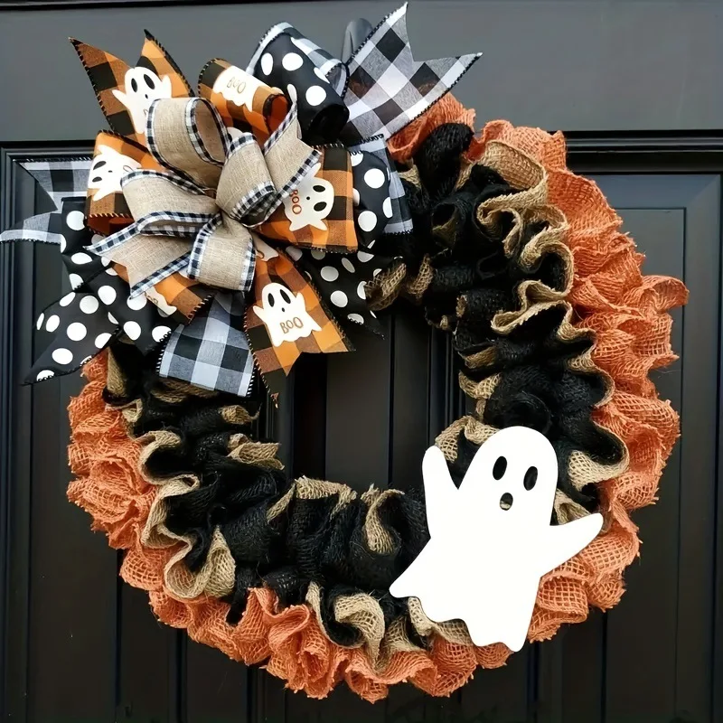 

Halloween Decoration Supplies Front Door Ghost Wreath Pendant Ghost Cloth Bow Wreath