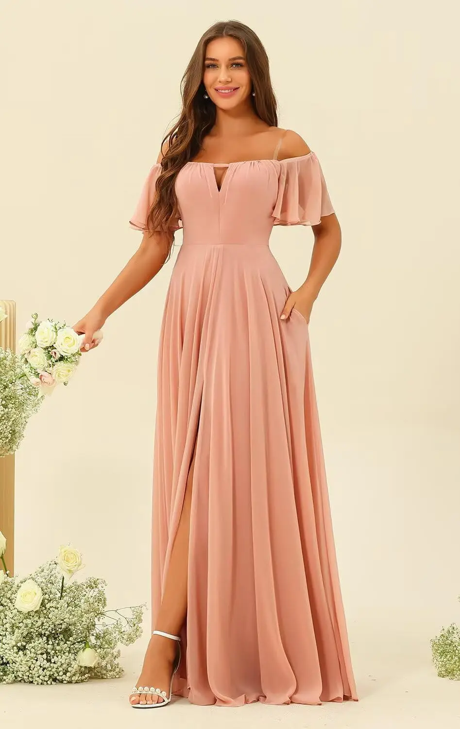 Uit de schouder chiffon bruidsmeisjesjurk Split A-lijn plooien bruidsmeisjesjurk lang voor dames met zakken Avondjurken