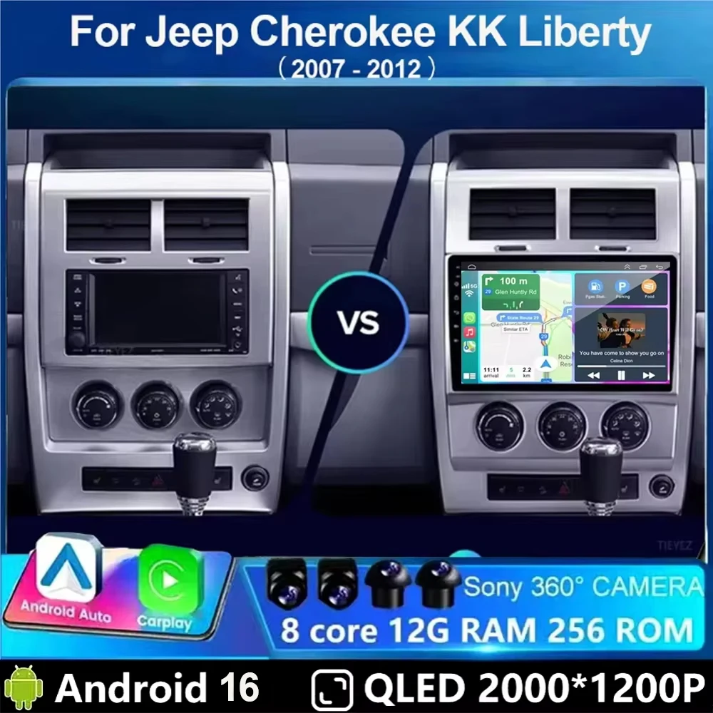 Android 16 Carplay+Auto für Jeep Cherokee KK Liberty 2007 - 2012 Autoradio Multimedia-Videoplayer Navigation GPS 4G Autoradio