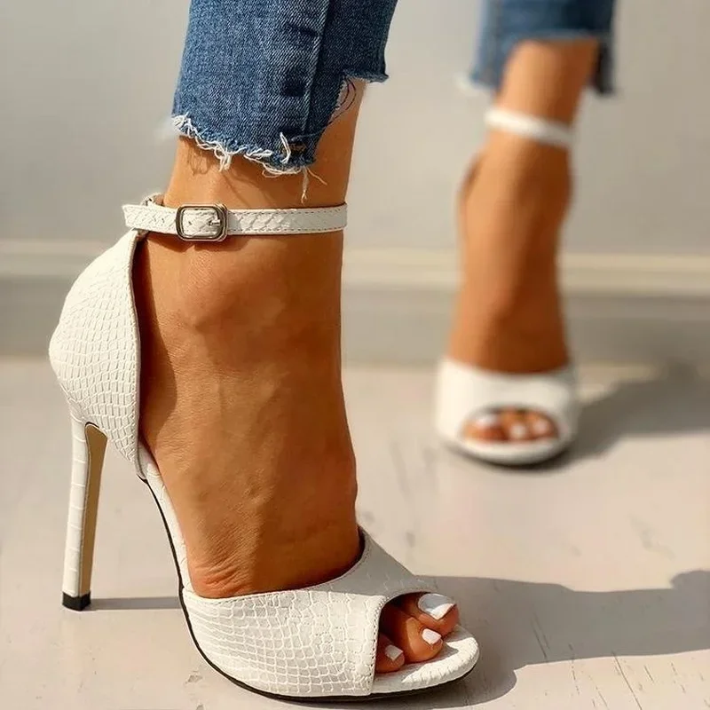Sexy White Dress Wedding Shoes Women Ankle Strap Peep Toe High Heel Sandals Super High Heels Buckle Snake Pattern Woman Pumps