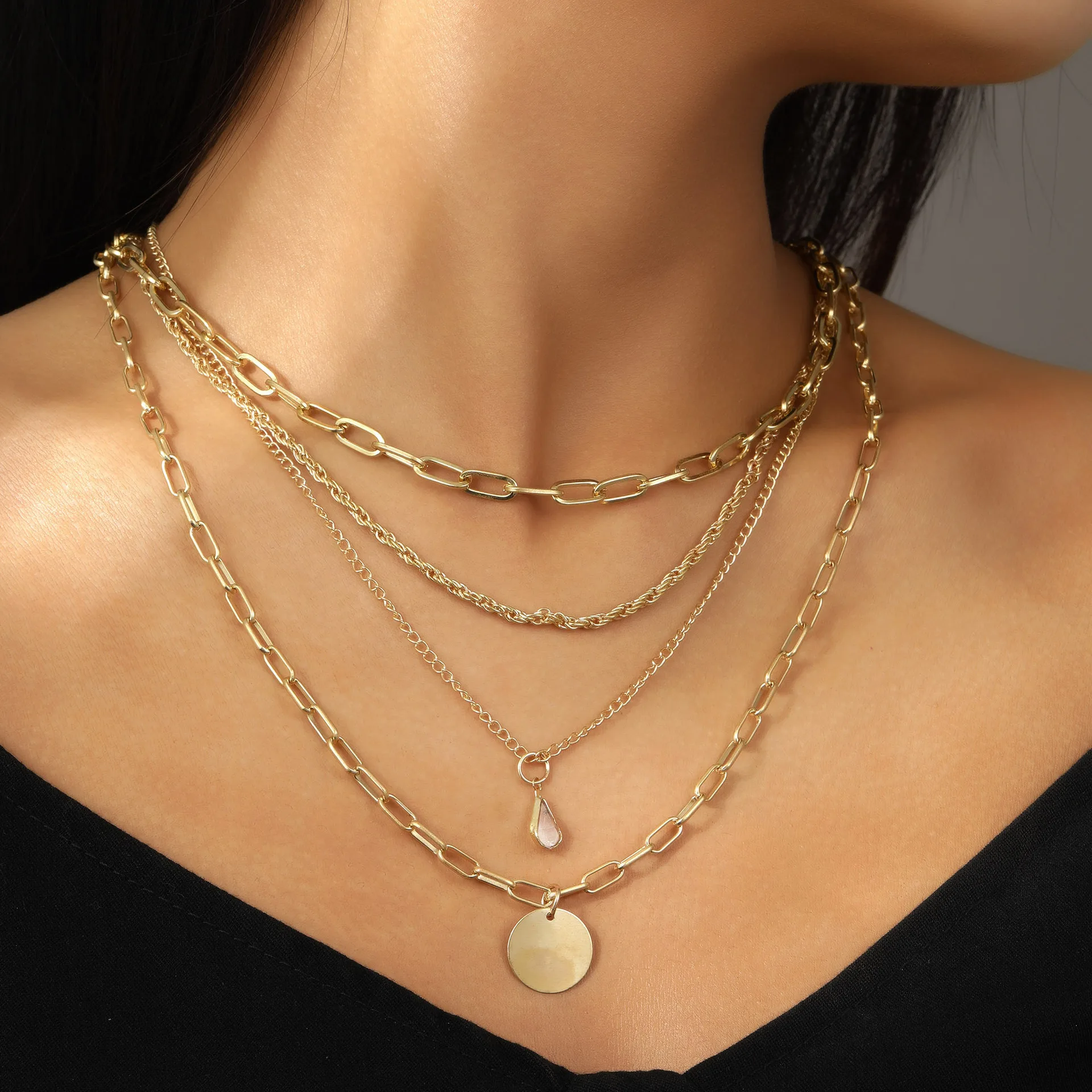 

Chain Necklace Multi-layer Stacked Necklace Women's Trend Disc Water Drop Pendant Collarbone Chain