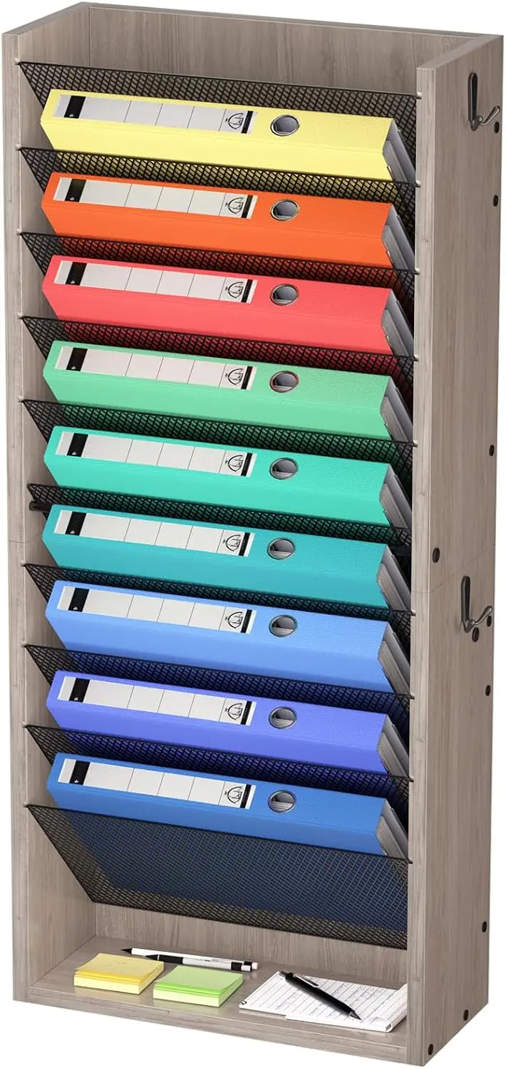 

11-уровневый деревянный настенный органайзер для документов с крючками и лотком, вертикальный держатель для бумаг для офиса или дома, цвет серо-бежевый