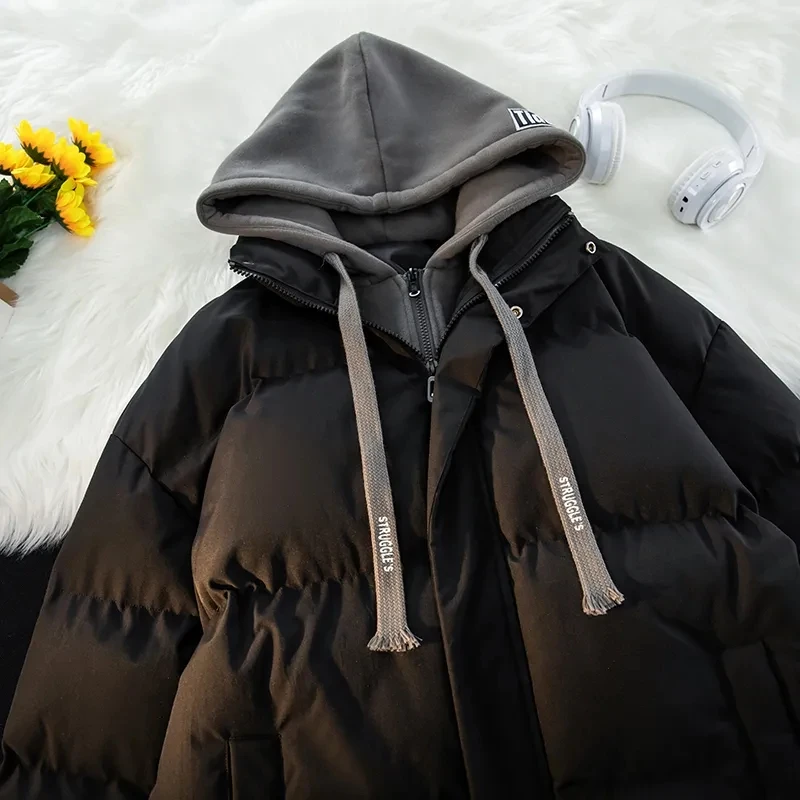 Winter New Men'S And Women'S Plus Velvet Thicken Cotton Coat Warm Stand Collar Color Matching Couple Fake Two-Piece Parkas Coat