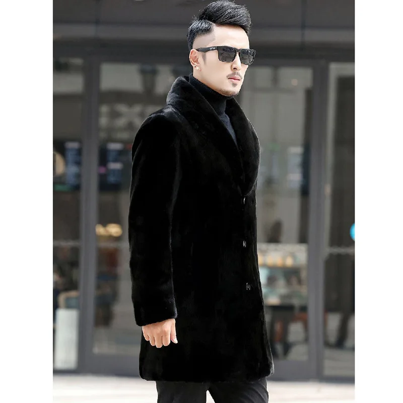 Winter Mid Length Fur Jacket Men Coat Long Sleeve Single-breasted Faux Fur Coat Windbreaker Windproof Thick Pockets Snow Clothes