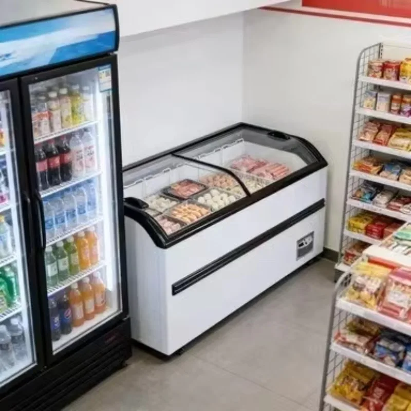 Display Cabinets and Freezers in the Supermarket, with Curved Glass Doors and Ice Cream on Top for Commercial Use