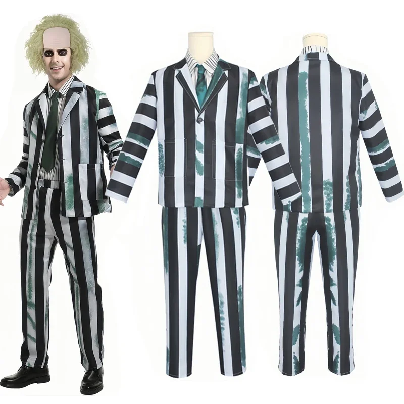 Erwachsene Männer Kostüm schwarz und weiß gestreifter Anzug mit Perücke für Halloween Cosplay Party Outfit Horrorfilm Charakter