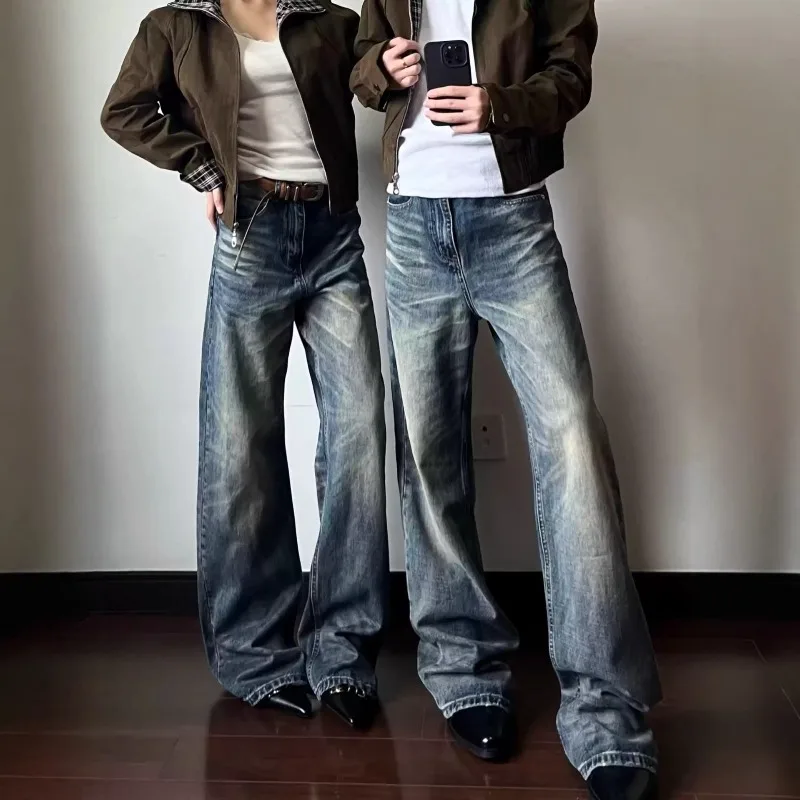 Men American Vintage Washed Jeans Mark Loose Straight Leg Trousers Cleanfit Baggy Denim Pants Male Streetwear Long Pants