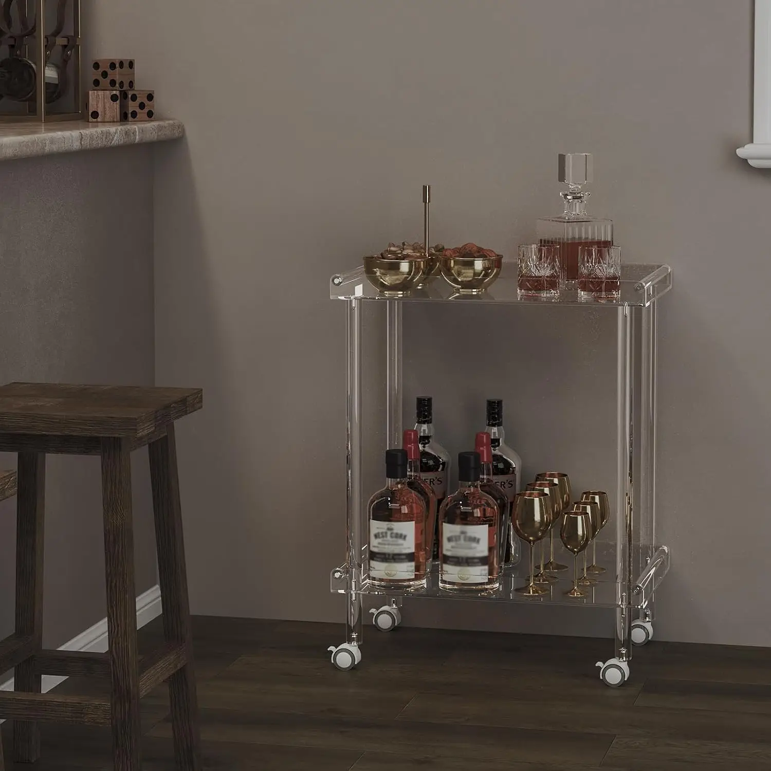 Modern Clear 2-Tier Acrylic Wheeled Serving Cart 23.6×15×30 Inch Rolling Bar Trolley Equipped with 4 Lockable Casters Mobile Beverage Cart for Home Bar Kitchen Living Room Indoor Decor