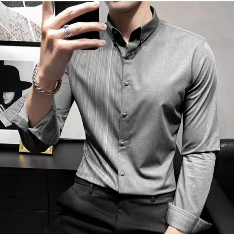 Camisa masculina assimétrica solta de botões estampados, tops casuais extragrandes, camisas listradas, moda coreana, roupa de outono, nova, 2023