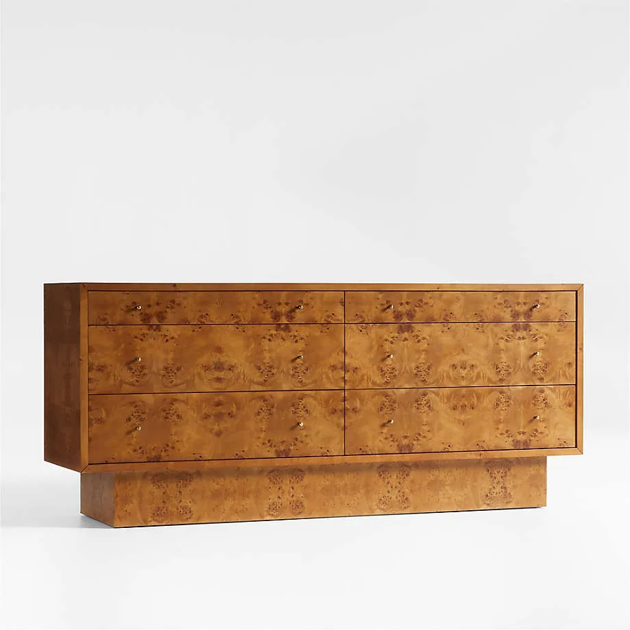 

！@Natural Burl Wood 6-Drawer Modern Bedroom Dresser with Hand Forged Pulls Eco-Friendly for Hotel Living Room & Apartment