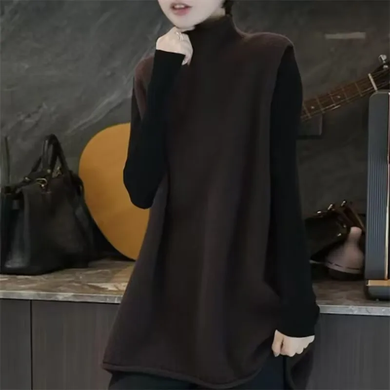 

Женский свитер, осенне-зимний пуловер, жилет больших размеров, 100% шерсть, модный свободный вязаный свитер с высоким воротом, повседневный универсальный топ без рукавов