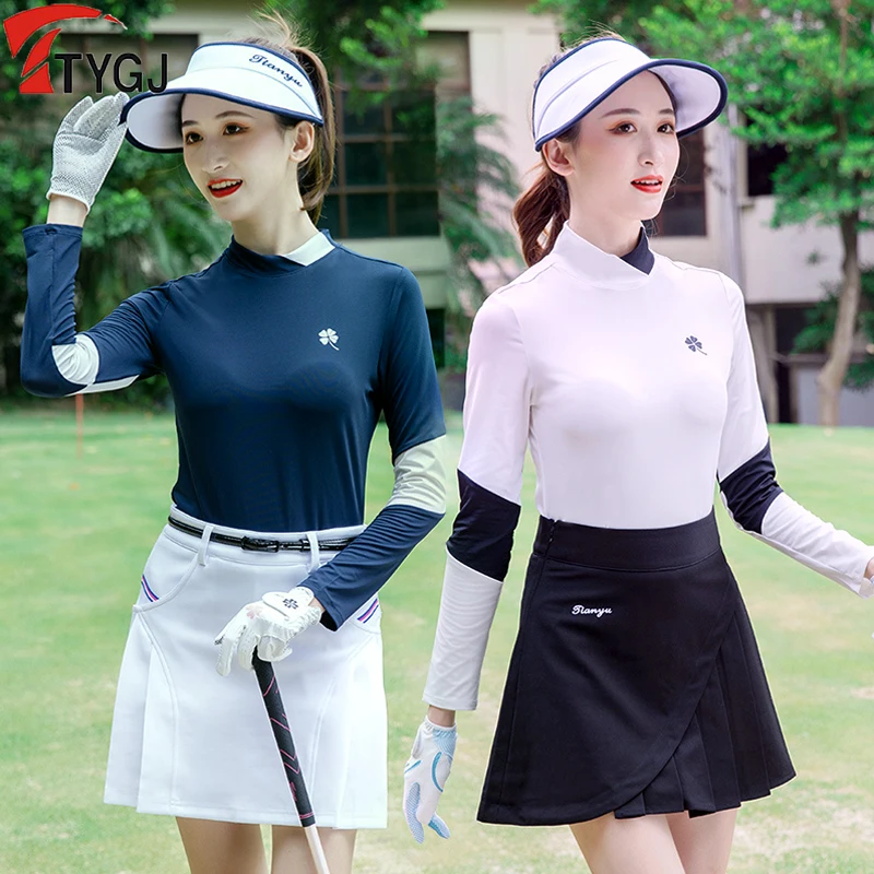 

Ttygj Ladies Autumn Spring Golf Shirts Long Sleeve Sunscreen Tops Women Stand Collar Slim Sports T-shirt Golf Apparel