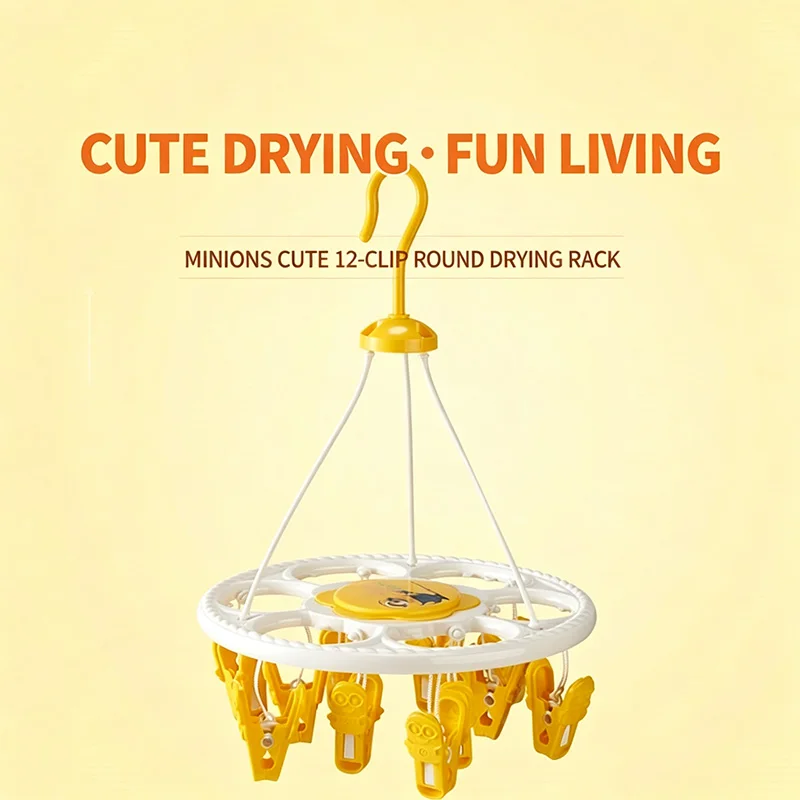Cute licensed circular laundry drying hanger with 12 pcs cartoon clips heavy duty portable clothes rack for socks