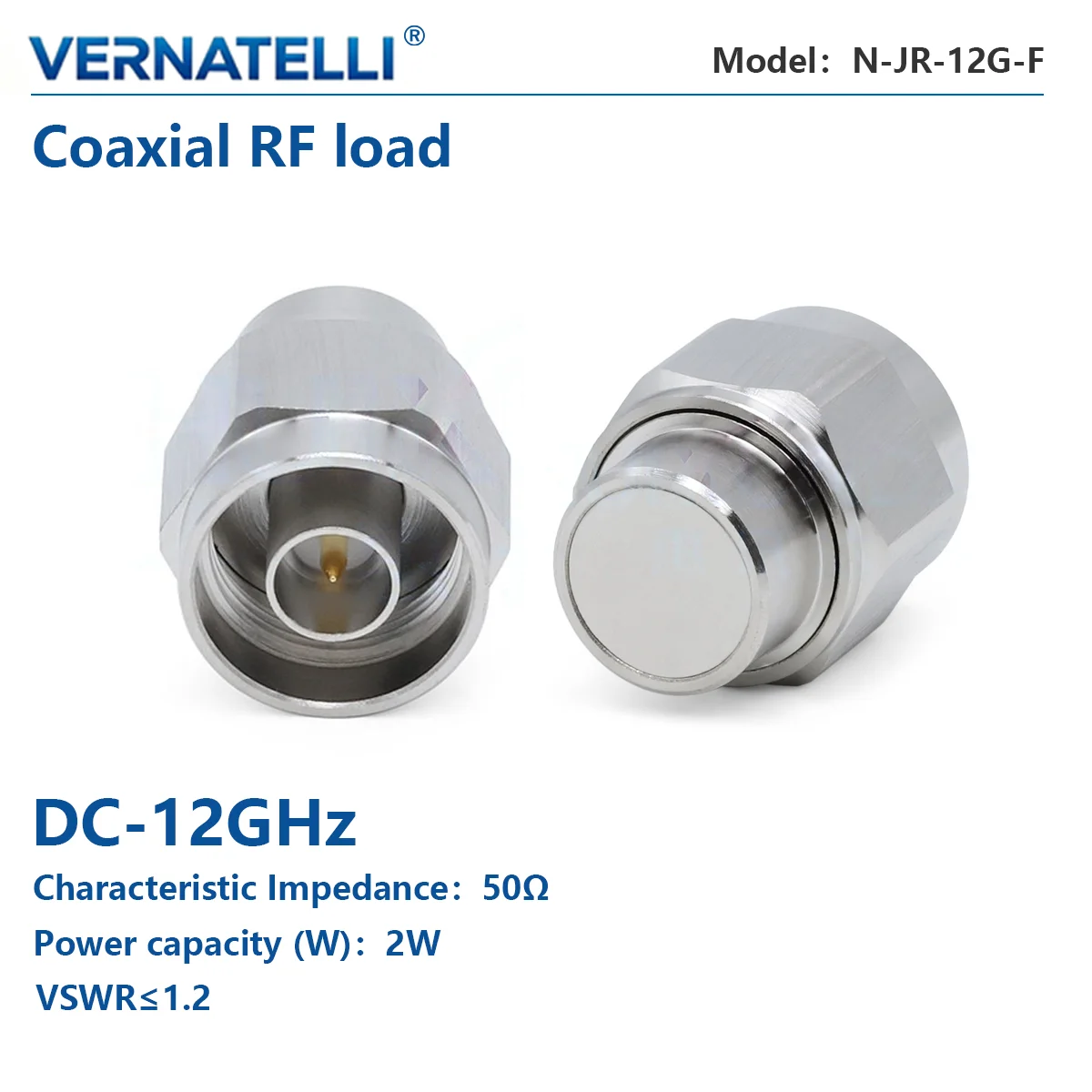 N Male RF Coaxial Load, DC‑12GHz, 2W, 50 Ohm, Low VSWR Termination, Model 2W‑N‑JR‑12G