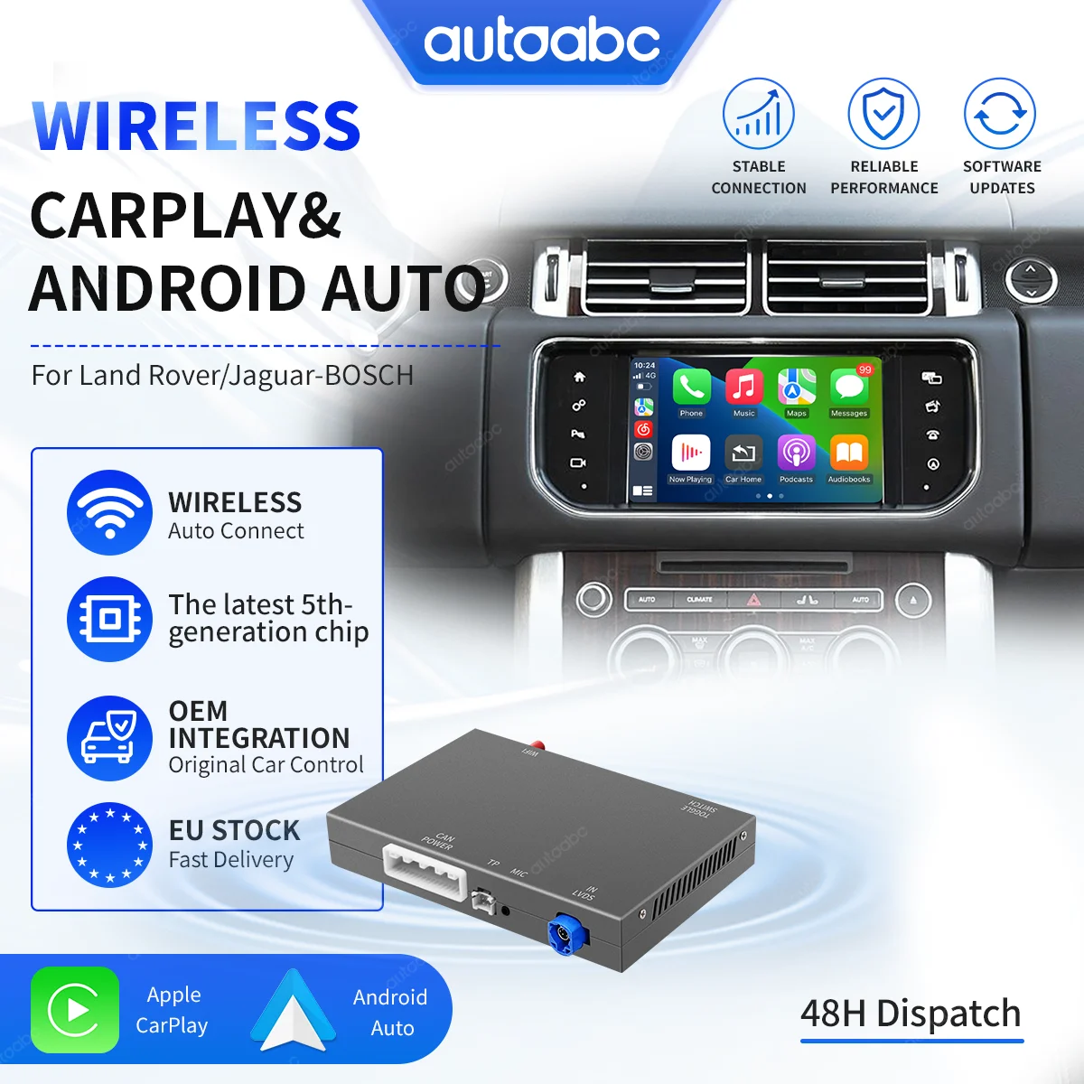 Module d'interface sans fil CarPlay Android Auto compatible avec Land Rover Jaguar Bosch Discovery4 Evoque Freelander2 XF XJL XE Airplay Navigation Bluetooth Décodeur