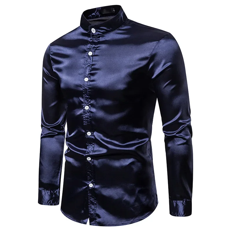 Luxury Glossy Silk Satin Dress Shirts For Men Long Sleeve Henry Collar Social Camisas Wedding Party Blusas Mens Formal Clothing