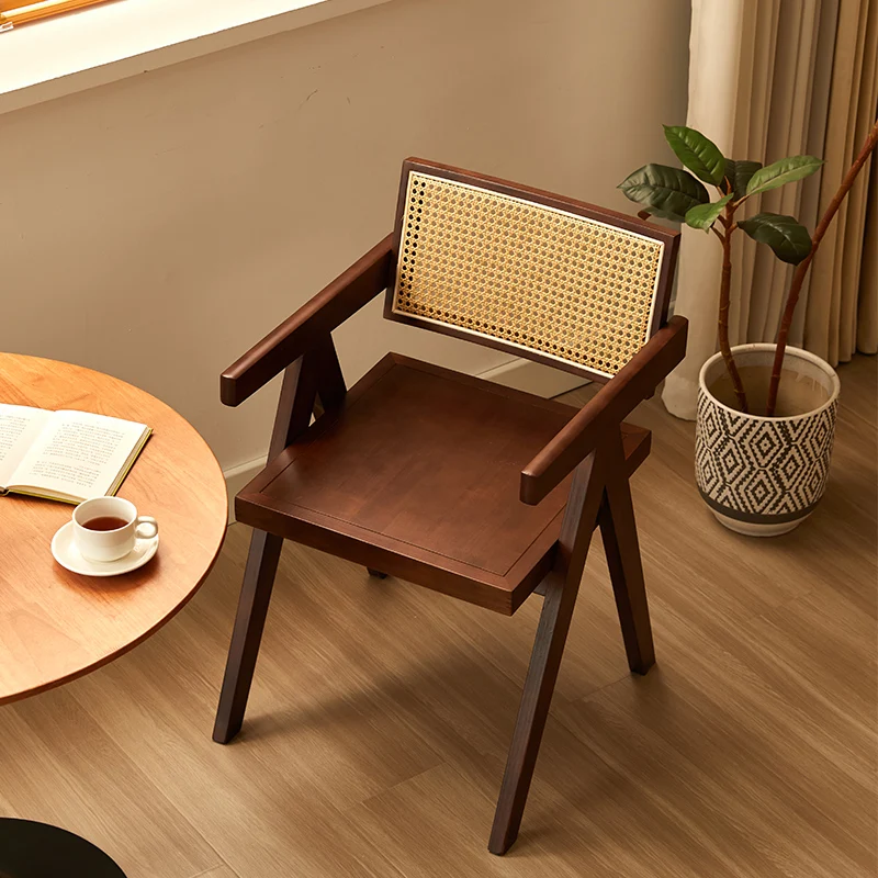 

Solid Wood Dining Chair Mid-Century Modern Rattan Backrest Seat Scandinavian Woven Living Room Furniture Home Kitchen Chair
