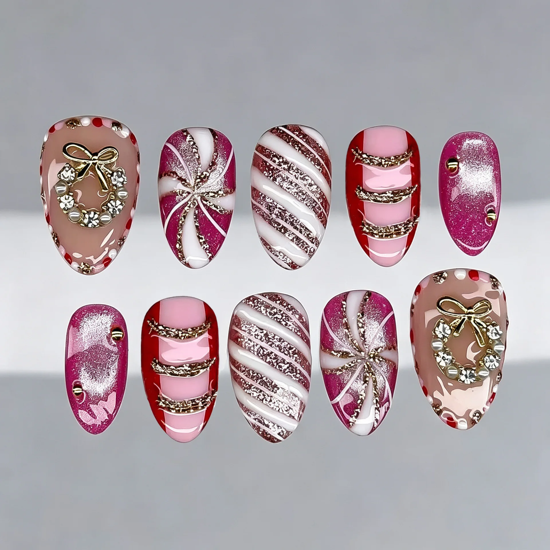 24Pcs Christmas Almond Mid-length Press on Fake Nails Bow Socks Elk False Nails Full Cover Gilded Snowflakes Wearable Fingernail