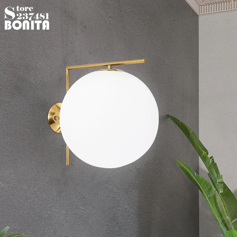 

Modern Minimalist Milky Glass Ball Wall Sconces Lamp Stair Aisle Balcone Entrance Bedroom Resturant Golden Stick Wall Lamp