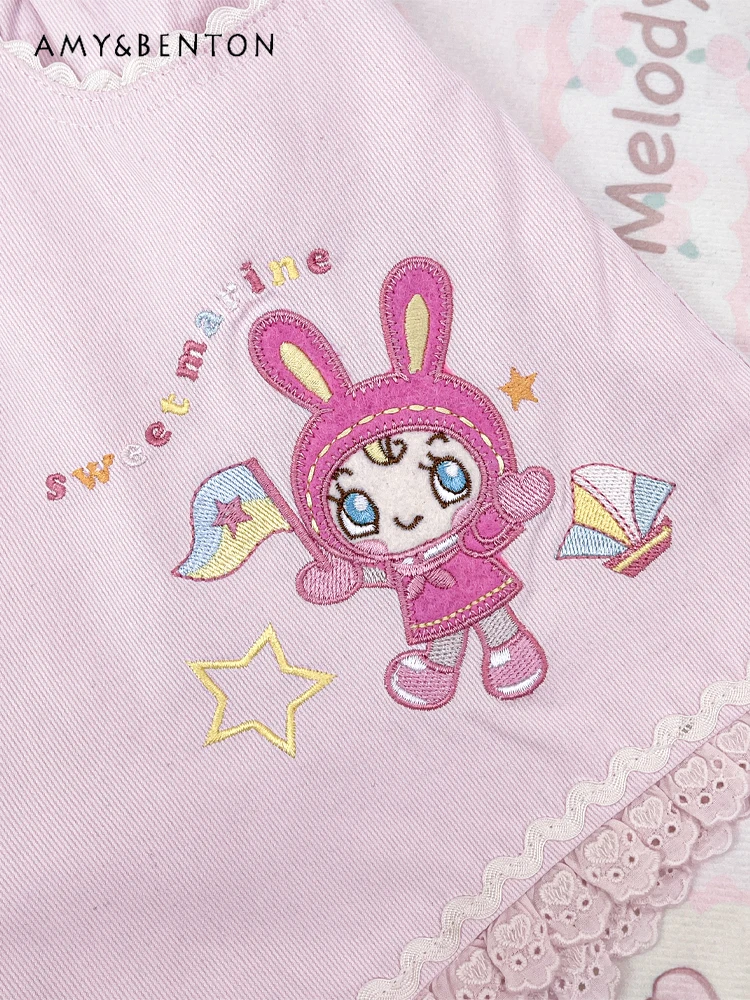 الحلو فتاة لطيف الكرتون المطرزة السراويل النساء اليابانية مرونة الخصر كل مباراة ضئيلة واسعة الساق السراويل الصيف Kawaii الوردي السراويل #3